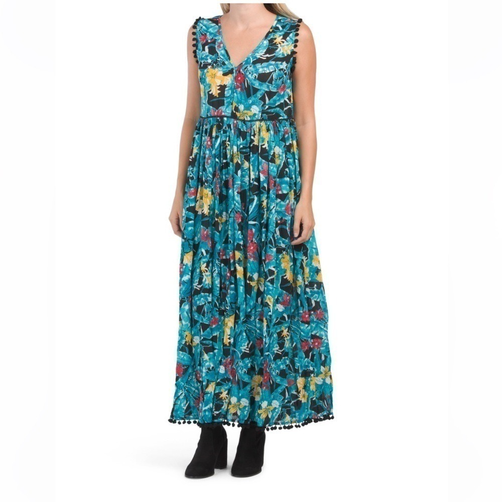 Philosophy New Medium Flowy Maxi Dress Teal Floral Pom Pom Trim‎ V Neck
